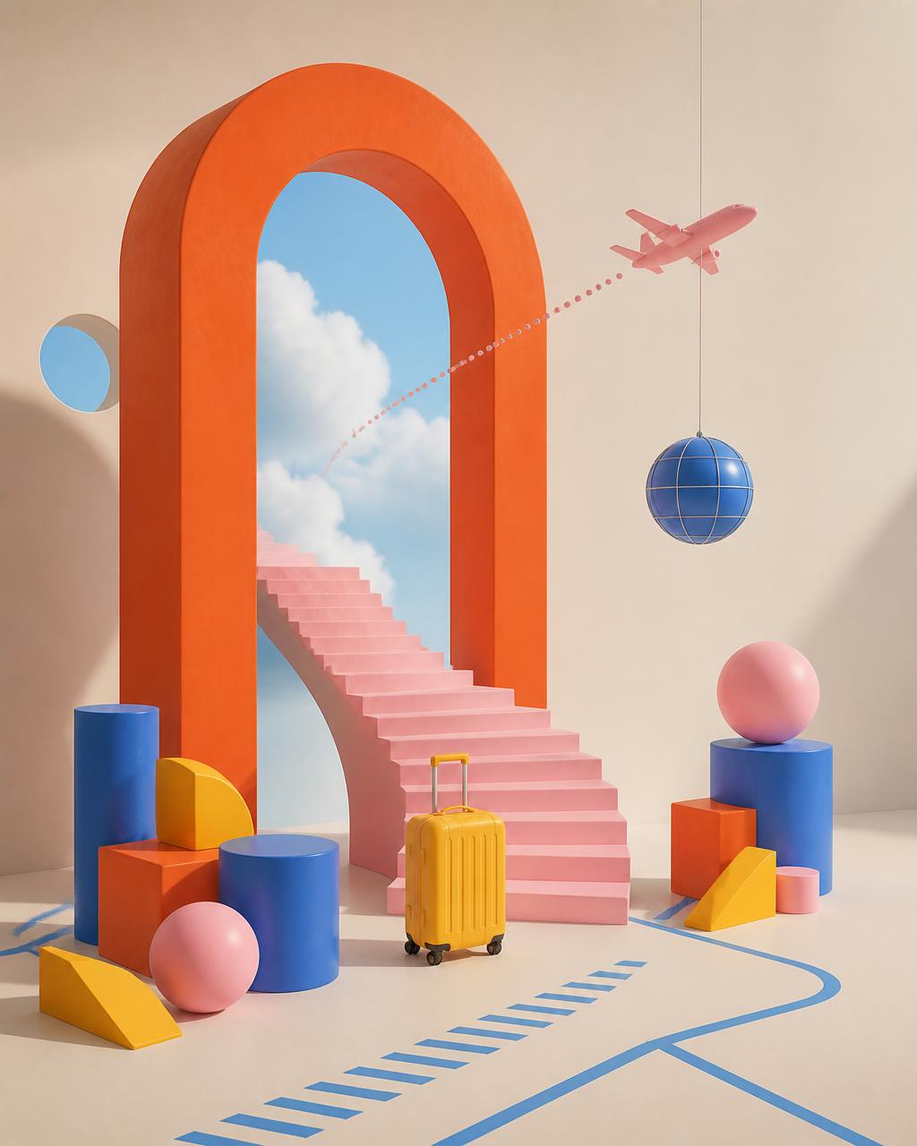 Abstract sculptural installation: orange portal arch, pink staircase, yellow suitcase and cobalt geometric forms