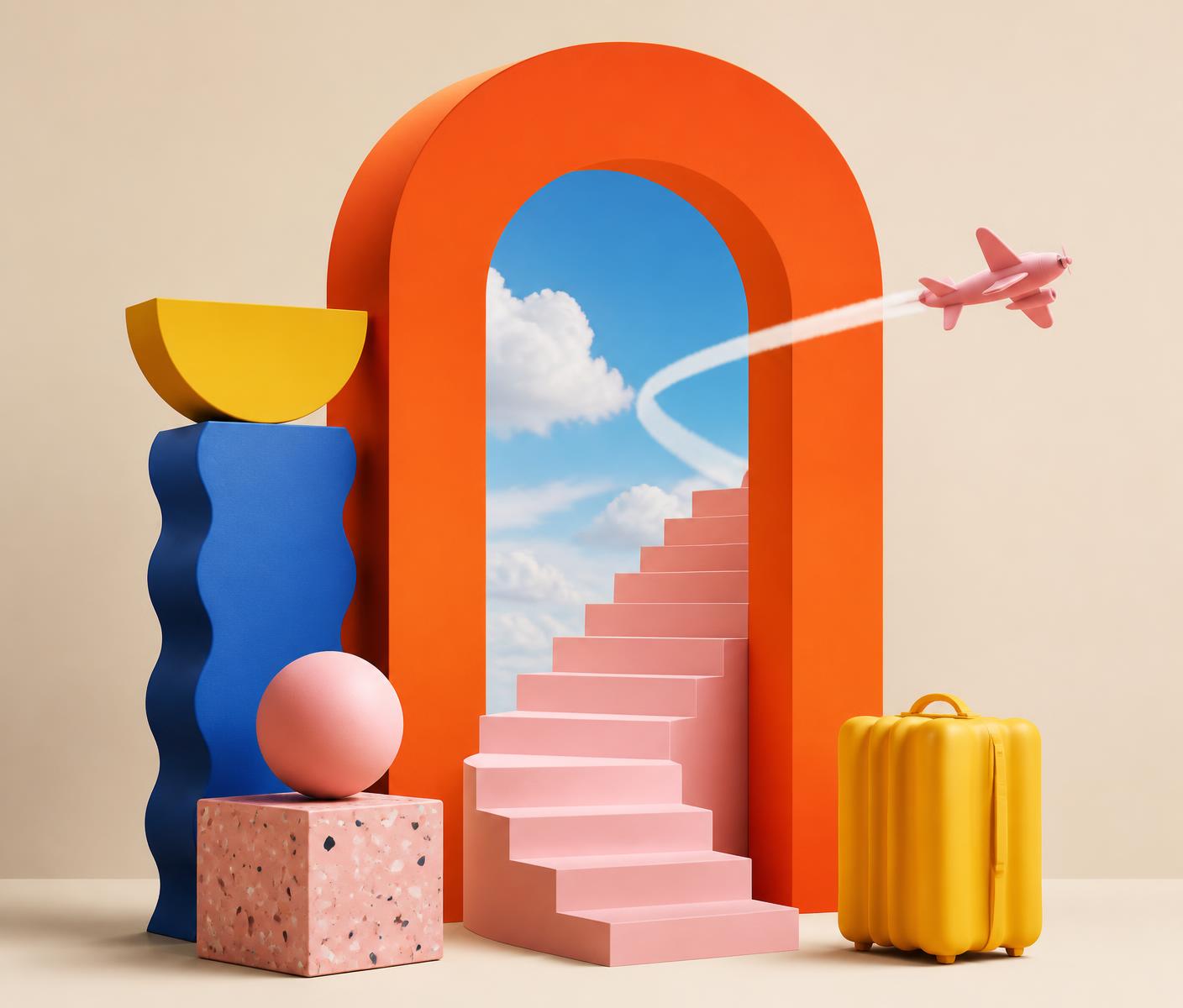 Sculptural Viafora composition with an orange portal and pink staircase